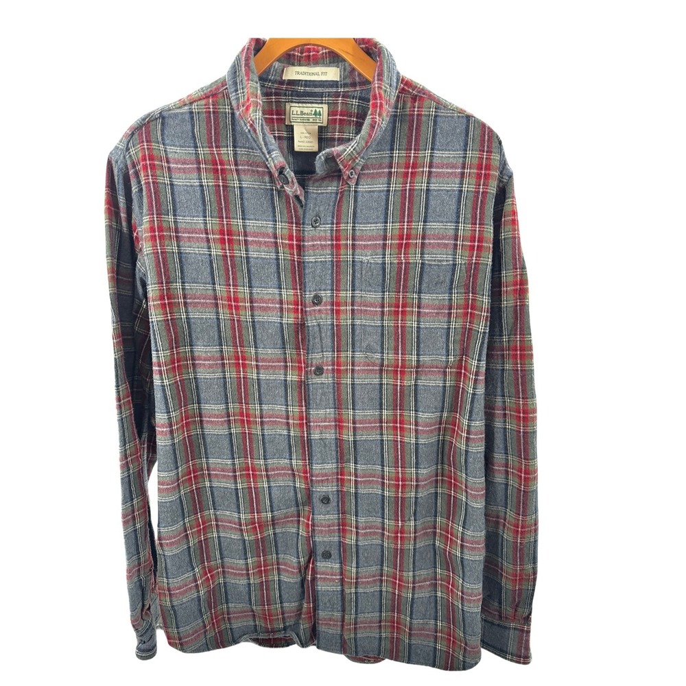 L.L.Bean Scotch Plaid Flannel Shirt Mens Large Traditional Fit Gray Red Cotton